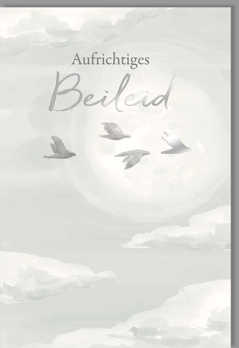 Trauerkarte Beileid mit Vögel & Wolken Motiv - Stilvolle Kondolenz Doppelkarte auf Naturkarton, Silberfolie & Blindprägung für Erwachsene und Senioren, Schlichter Abschied in Grau, Zeigt Anteilnahme im Trauerfall