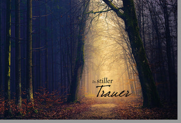 Trauerkarte Beileid mit Waldweg - Motiv - Stille Trauer und Abschied in der Natur, Kondolenzkarte für Angehörige und Freunde, Friedvolles Gedenken in Dunklen Braun - und Grüntönen