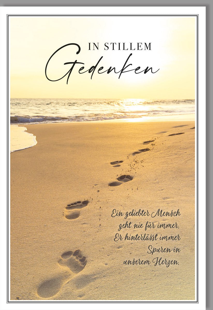 Trauerkarte Beileidskarte Doppelkarte - Stilvolle Kondolenz zum Abschied, Trauerfall mit Fußspuren im Sand, Sonnenuntergang Motiv - Anteilnahme & Trost für Hinterbliebene und Freunde, Erwachsene - Beige Gedenkkarte zur Erinnerung