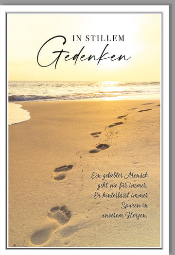 Trauerkarte Beileidskarte Doppelkarte - Stilvolle Kondolenz zum Abschied, Trauerfall mit Fußspuren im Sand, Sonnenuntergang Motiv - Anteilnahme & Trost für Hinterbliebene und Freunde, Erwachsene - Beige Gedenkkarte zur Erinnerung
