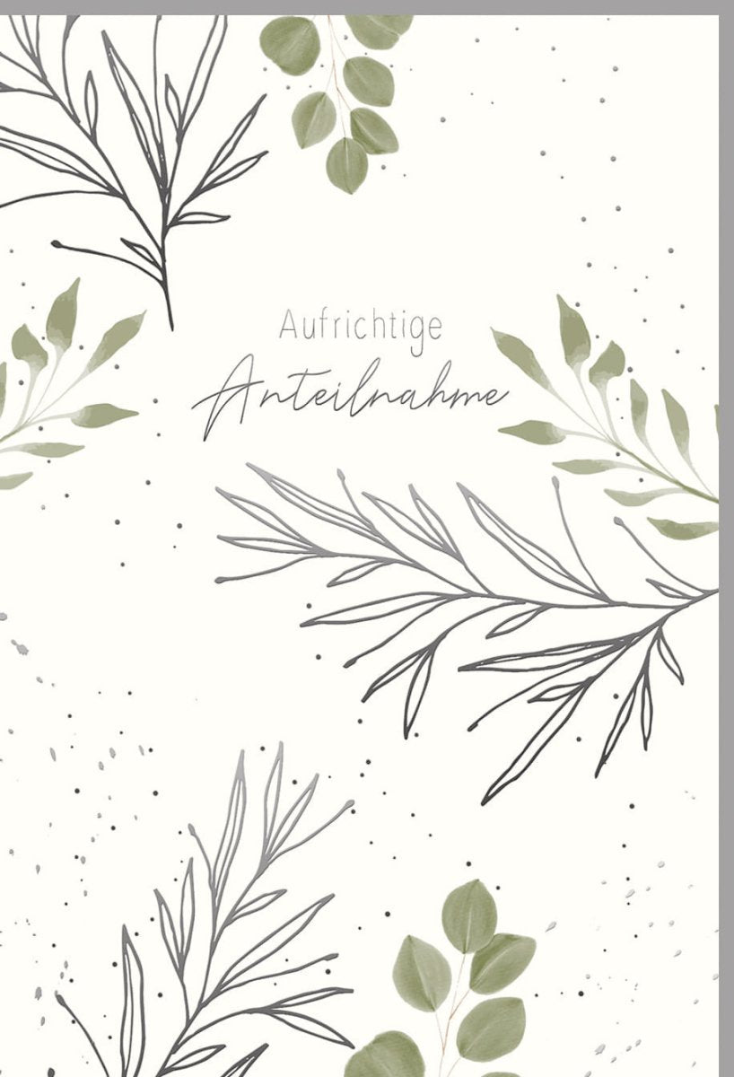 Trauerkarte Beileidskarte Kondolenzkarte - Elegante Anteilnahme Doppelkarte aus Naturkarton mit Silberfolie, Blindprägung und Blätterzweige - Motiv, Skorpion - Thema Glückwunschkarten Set