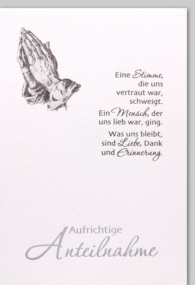 Trauerkarte Beileidskarte - Stilvolle Kondolenzkarte zum Abschied mit Trauerspruch, Anteilnahme & Mitgefühl - Schlichte Gedenkkarte für Verlust in Grau, Hände im Gebet Motiv - Liebevoller Trost für Angehörige und Freunde