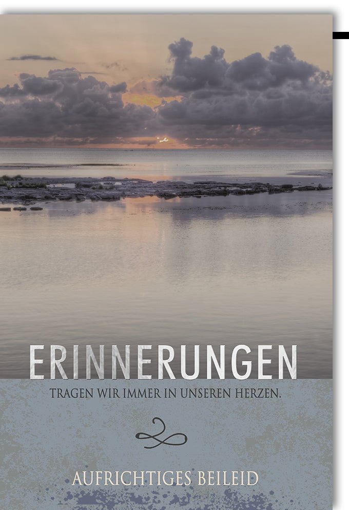 Trauerkarte/Doppelkarte für Beileid & Kondolenz - Fotomotiv Sonnenuntergang am Meer, Natur Stille, Gedenken & Abschied - Erinnerungen im Herzen, Anteilnahme & Mitgefühl - Himmel in Blau/Grau für Erwachsene und Angehörige