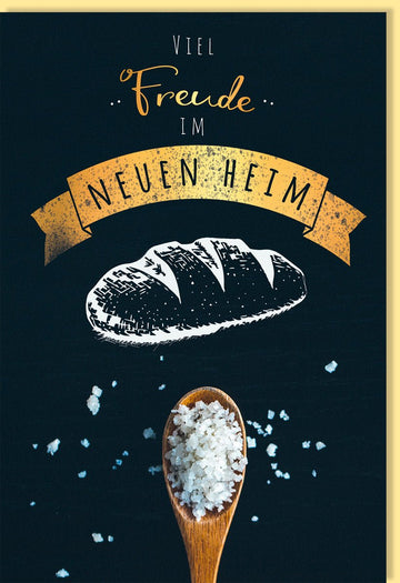 Umzug Glückwunsch Doppelkarte mit Brot & Salz Motiv, Holzlöffel & Goldfolie - Traditionelles Hauswarming Geschenk, Neues Heim Karte für Familie und Freunde, Glücksbringer in Schwarz & Gelb mit Gold Akzenten