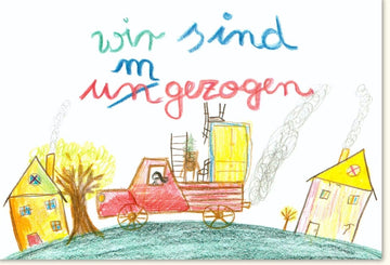 Umzugskarte für Neuanfang - Bunte Kinderzeichnung, Handgemalte Glückwunsch Doppelkarte zum Wohnungswechsel