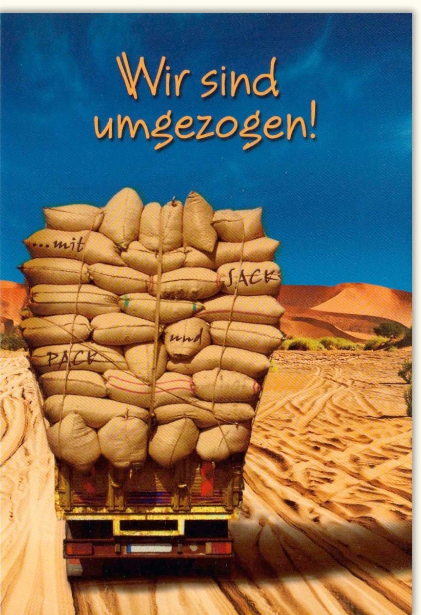 Umzugskarte Glückwunsch zum Neuanfang - LKW in der Wüste Motiv, 'Wir sind umgezogen' - Neue Heimat Adressänderung