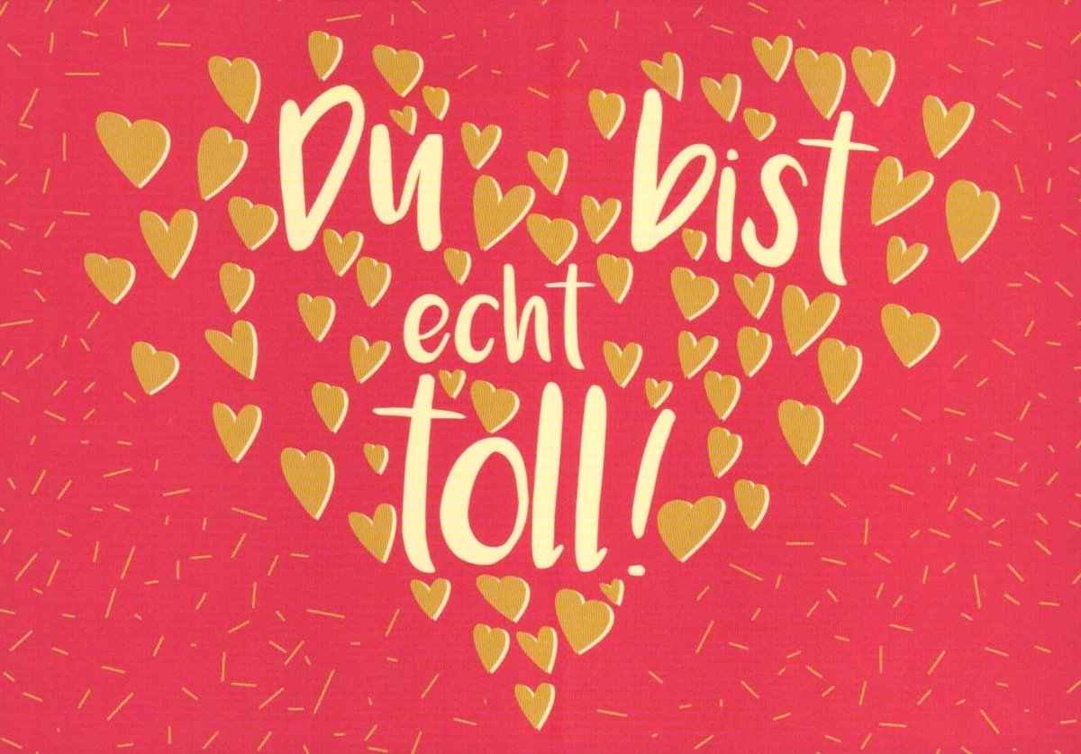Valentinstag & Geburtstag Liebe Grüße Postkarte - Romantische Herzen in Rot und Gold, Komplimente und Liebevolle Botschaft für Beziehung, Freundschaft und Feier - Zuneigung mit Wertschätzung Ausdrücken