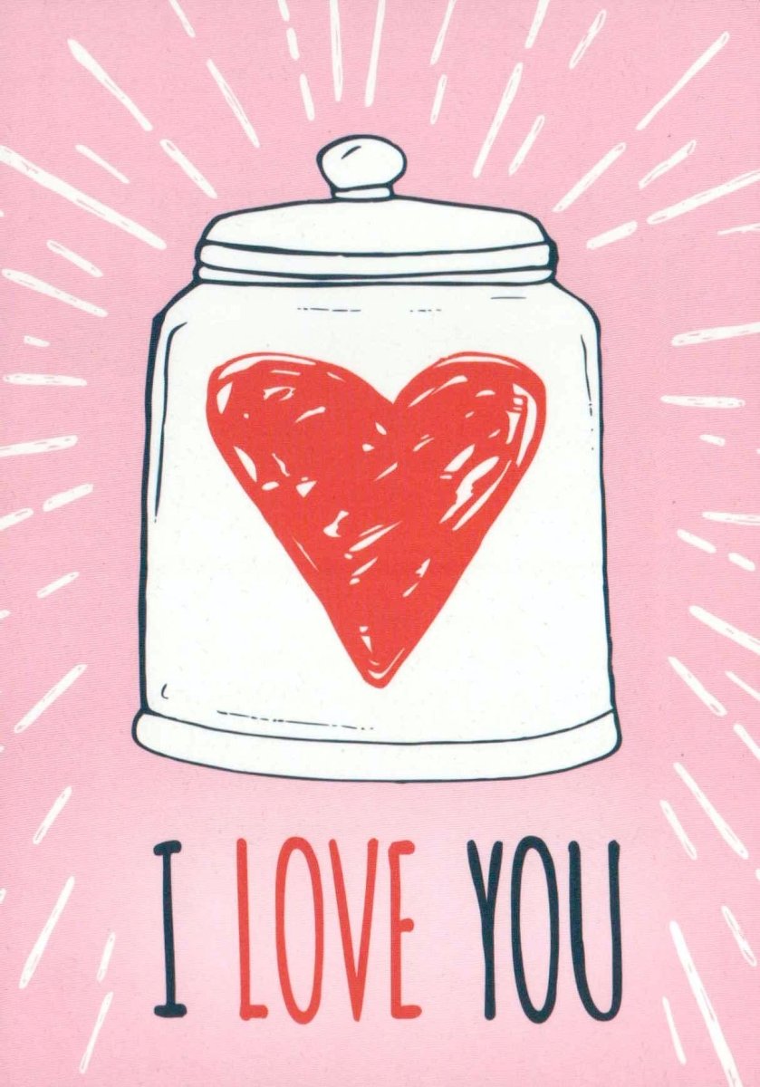Valentinstagskarte "Herzliche Liebe" - Romantische Postkarte mit handgezeichneter Herz - Illustration im Glasgefäß, I Love You, Zuneigung & Beziehung, Pinkes & Weißes Herz auf Strahlen - Hintergrund