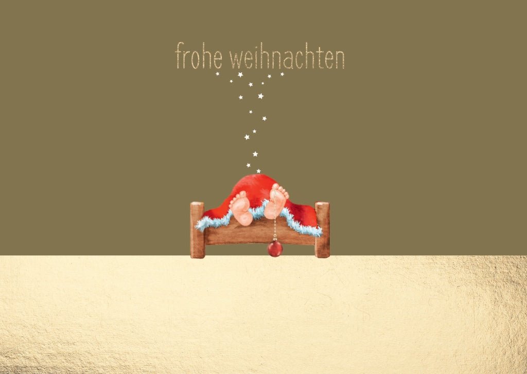 Weihnachten Humorvolle Goldfolie Postkarte - Lustiger Weihnachtsmann mit Füßen auf Kugel, "Frohe Festtage!" Deko & Wärme
