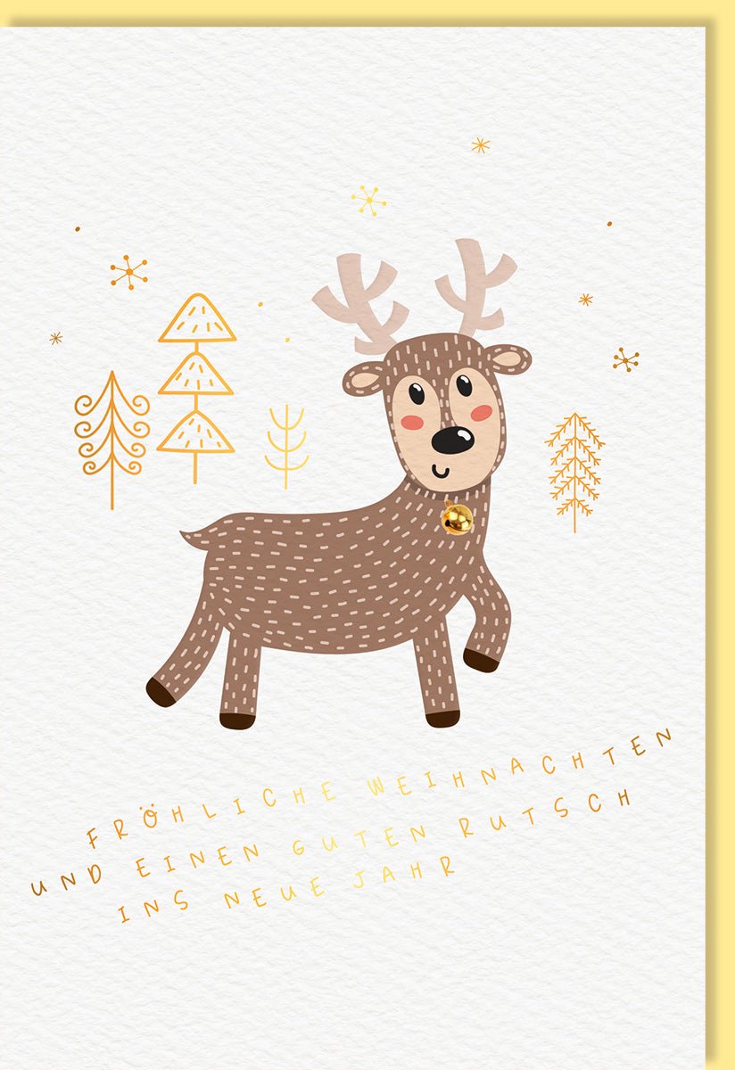 Weihnachten & Neujahr Doppelkarte – Festliche Rentier - Motiv Grußkarte mit Goldfolie, Naturkarton & Glöckchen – Umweltfreundlich, Hochwertige Handarbeit, Exklusives Design – Einzigartige Tiermotiv Karte