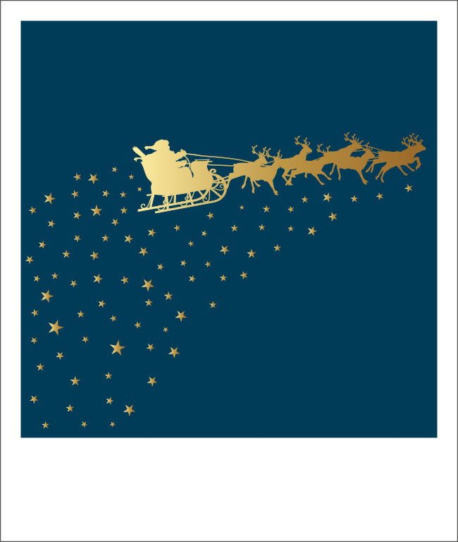 Weihnachten Postkarte mit Weihnachtsmann, Rentieren & Sternenhimmel - Festliche in Blau und Gold für die Feiertage
