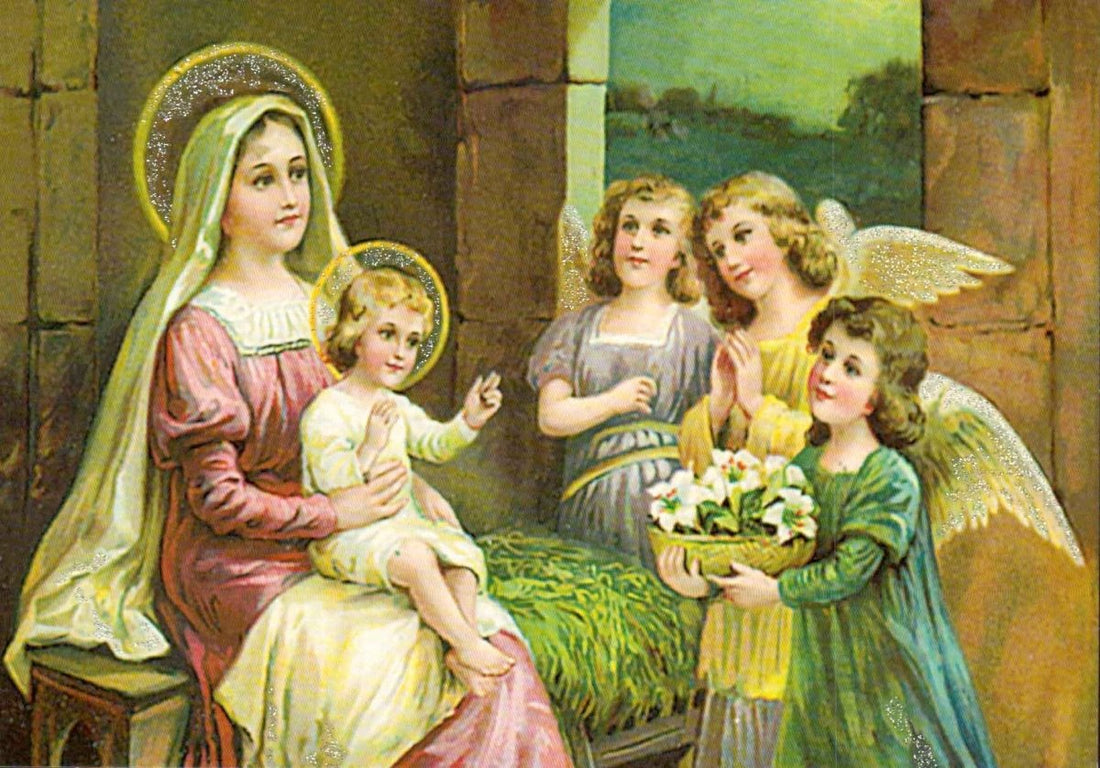 Weihnachten Vintage Engel Postkarte mit Goldrand - Nostalgische Weihnachtskarte für Kinder, Familie & Liebe