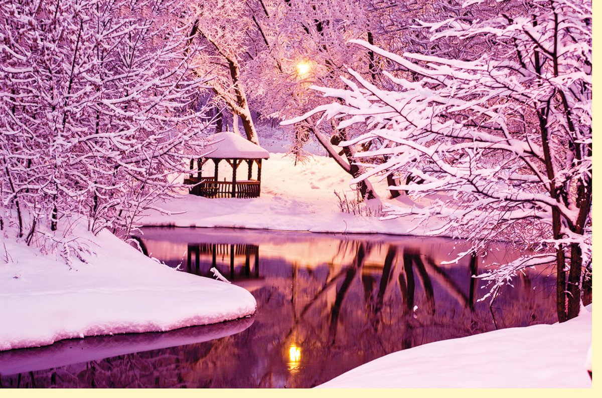 Weihnachtliche Doppelkarte mit idyllischer Winterlandschaft: Schneebedeckter Park, Pavillon & Teich in Abenddämmerung – Besinnliche Ruhe & Frieden für Festtagsgrüße, Naturschönheit & Romantik Postkarte