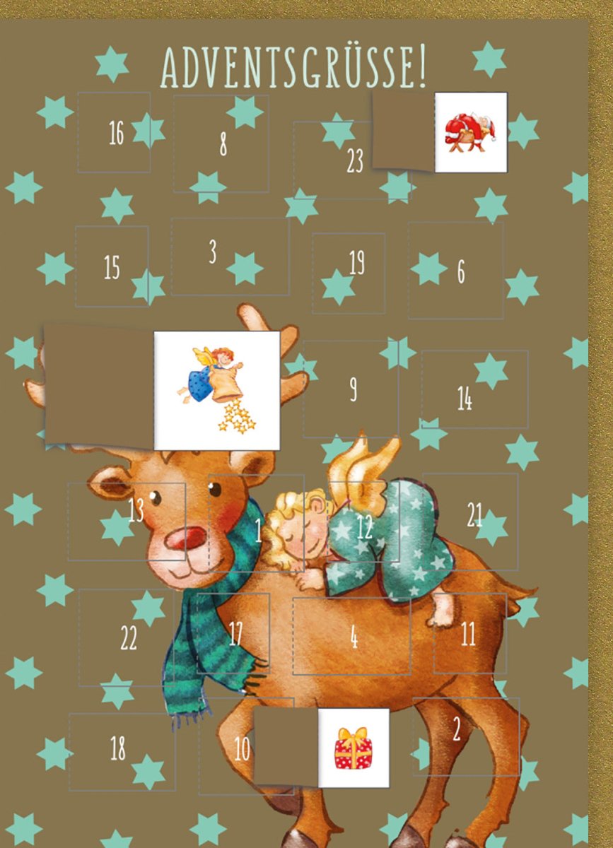 Weihnachts - Adventskalender Doppelkarte mit Rentier - Motiv, Festliche Türchen & Sterne, Besinnliche Adventsgrüße in Braun und Blau, Geschenke & Schal Design, Weihnachten Countdown Nummern