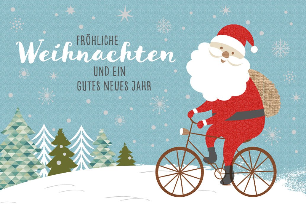 Weihnachts - Doppelkarte "Frohe Festtage" - Weihnachtsmann auf Fahrrad, Schnee & Tannenbaum, Traditionelle Grüße für Familie & Freunde