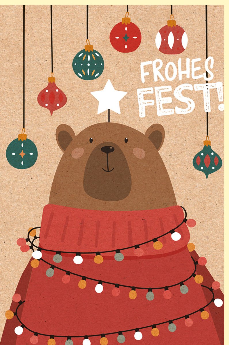 Weihnachts - Doppelkarte mit Bär & Lichterkette - Gemütliche Vintage Kraftpapier Grußkarte, Festliche Winterzeit Illustration, Ideales Weihnachtsgeschenk