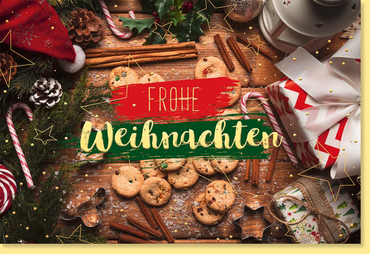 Weihnachts - Doppelkarte mit Festtisch - Motiv: Goldfolie, Tannenzapfen, Zimtsterne & Mehr – Ideal für Festliche Grüße