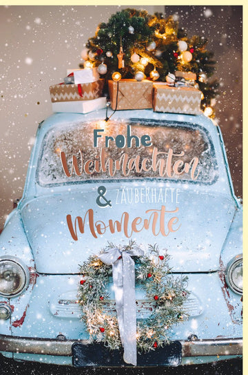 Weihnachts - Doppelkarte mit Metallicfolie: Festliches Auto, Geschenke & Tannenbaum Design in Schnee & Glitzer - Blau Gold Dekoration für Familie und Freunde - Zauberhafte Feiertage & Frohe Weihnachten Überraschungskarte