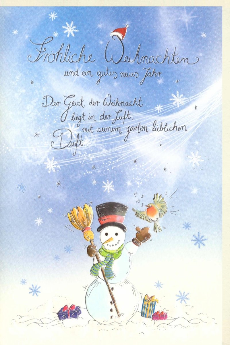 Weihnachts - Doppelkarte mit Schneemann, Premium Naturpapier & Silberfolie, Handgemalt, Glitzer - Effekt, Festliche Grußbotschaft