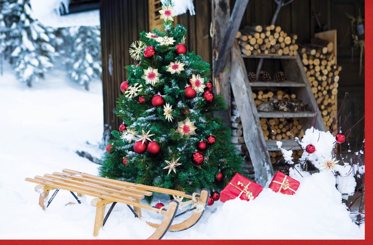 Weihnachts - Doppelkarte mit Tannenbaum & Schnee - Festliche Rot - Gold Deko, Schlitten Motiv, Traditionelle Gemütlichkeit für die Feiertage