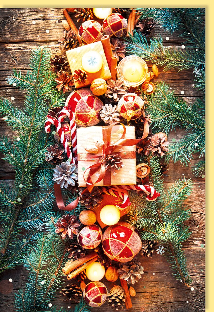 Weihnachts - Doppelkarte mit Tannenzapfen & Kugeln - Festliche Blanko Fotokarte für Feiertagsgrüße, Geschenk & Dekoration
