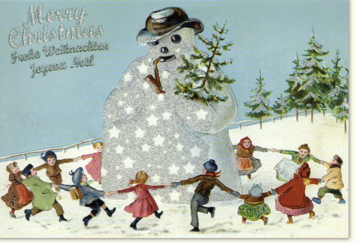 Weihnachts - Doppelkarte Nostalgisch: Kinder & Schneemann Tanzen im Reigen, Vintage Winterlandschaft, Festliche Grüße