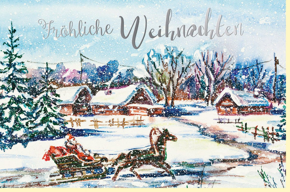 Weihnachts - Doppelkarte Vintage - Landschaft mit Silberfolie, Schneebedeckte Häuser & Bäume, Festlich Glitzernd