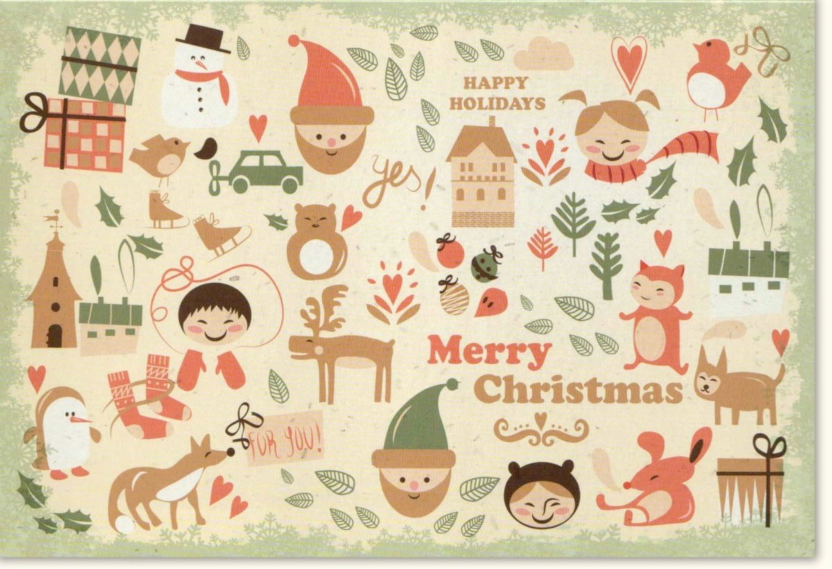 Weihnachts - Doppelkarte Vintage - Stil: Retro Merry Christmas, Happy Holidays, Nostalgische Illustration mit Schneemann, Tannenbaum & Rentier