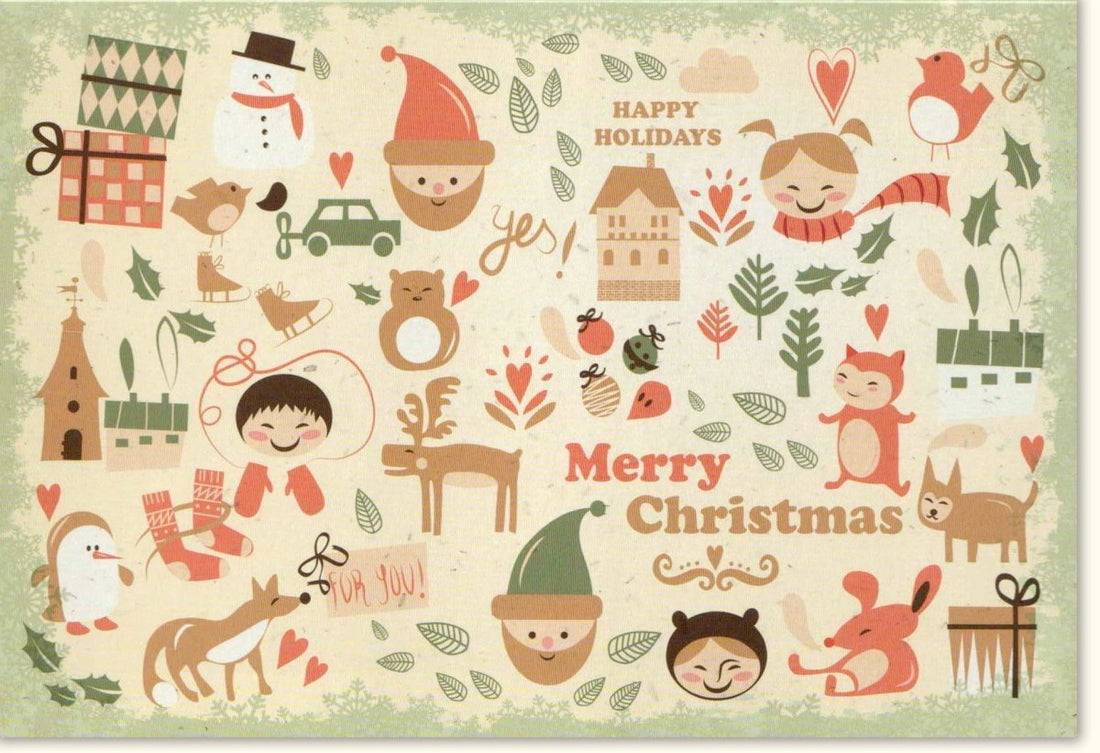 Weihnachts - Doppelkarte Vintage - Stil: Retro Merry Christmas, Happy Holidays, Nostalgische Illustration mit Schneemann, Tannenbaum & Rentier