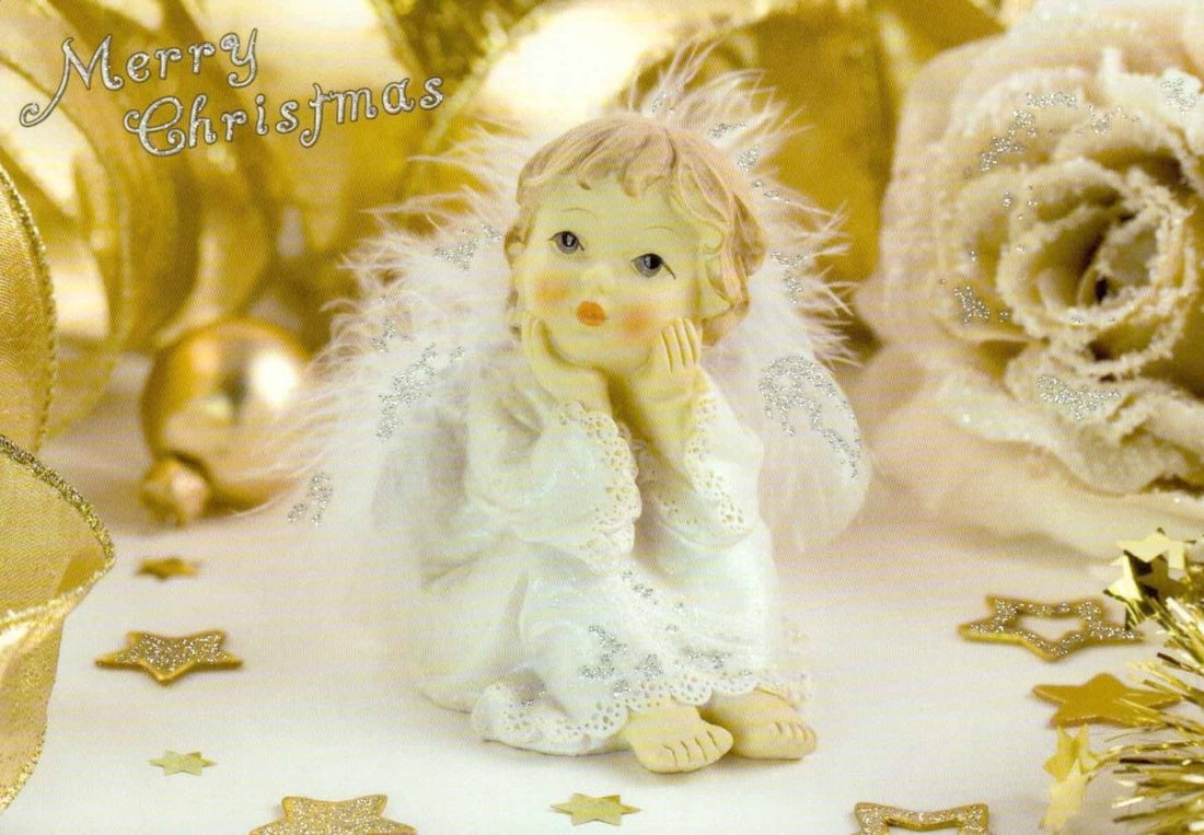 Weihnachts - Engel Postkarte mit Glitzersternen und Goldschleife – Festliche Feiertagsgrüße, Besinnliche Deko - 