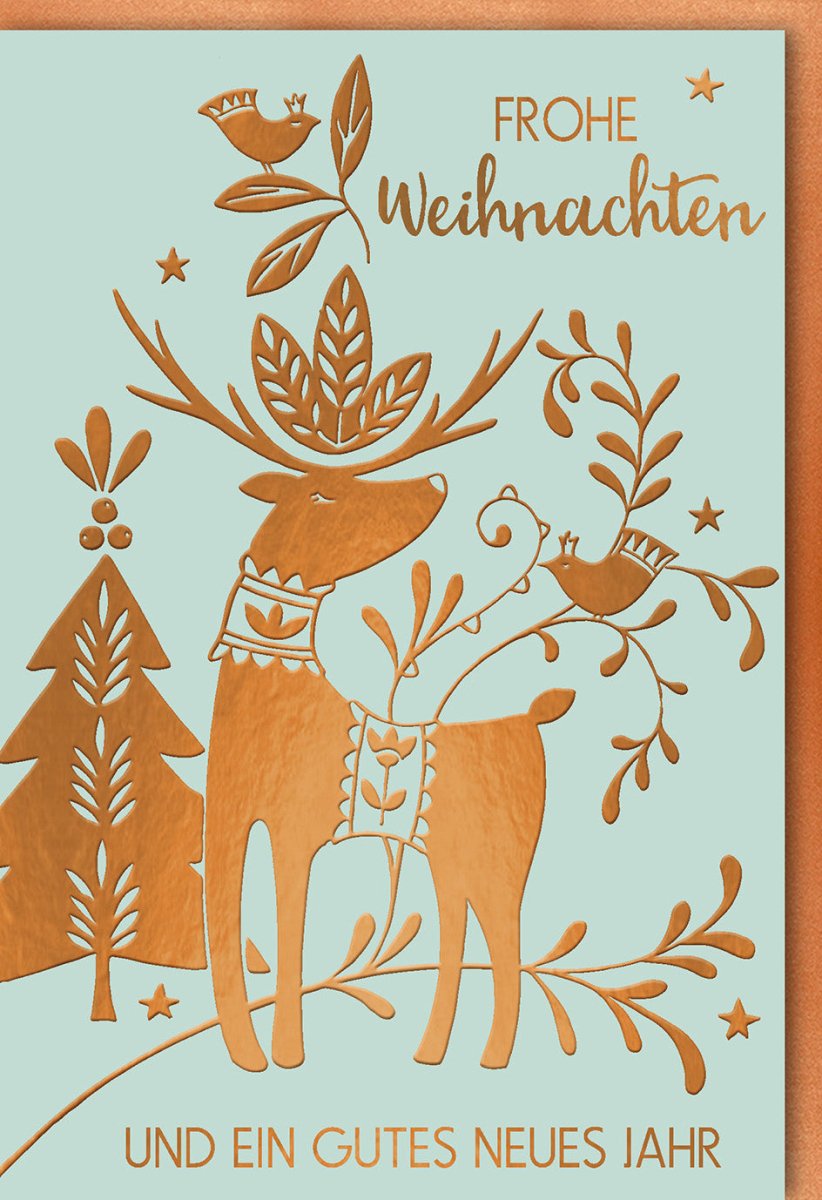 Weihnachts - & Neujahr Doppelkarte – Elegante Festtagsgrüße mit stilvollem Rentier - Motiv, Tannenbaum & Gold - Kupfer Akzenten für einen besinnlichen Jahreswechsel und traditionelle Familiengrüße