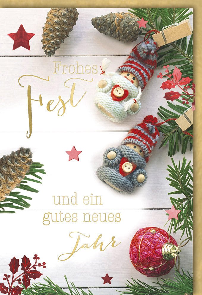 Weihnachts - & Neujahr Doppelkarte "Frohes Fest" mit goldener Schrift, Tannenzweigen & Zapfen Motiv