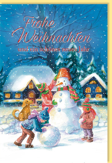 Weihnachts - & Neujahr Doppelkarte mit nostalgischem Schneemann - Motiv – Festliche Winterlandschaft Grußkarte für Kinder und Erwachsene, Vintage - Stil