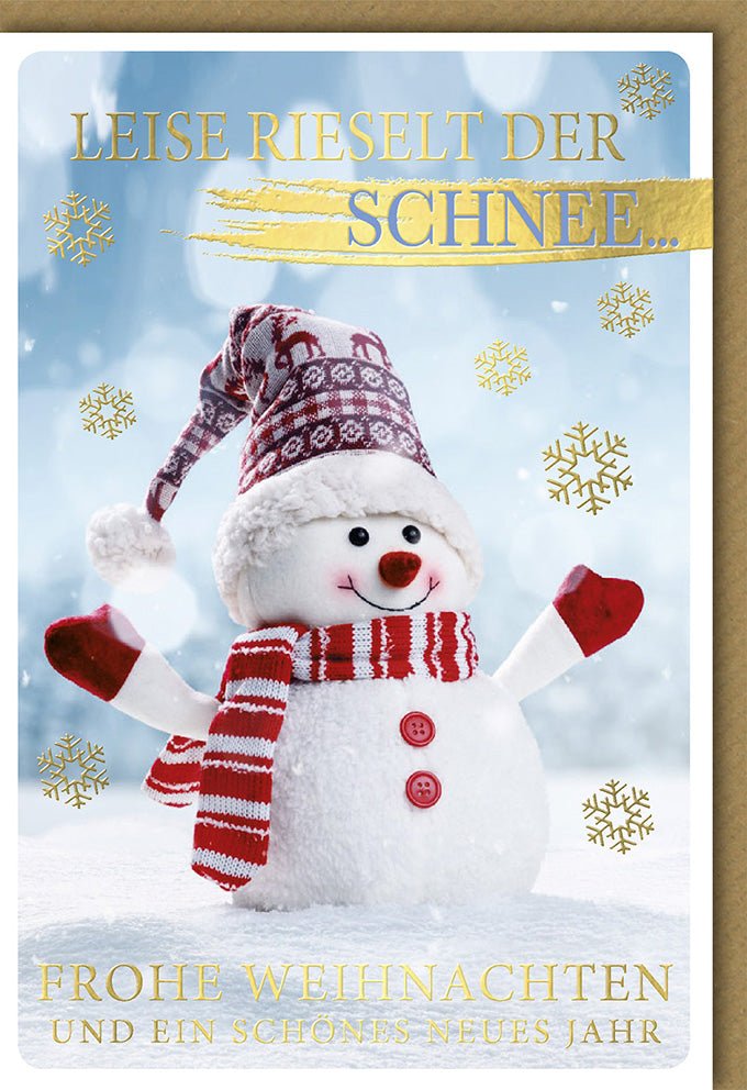 Weihnachts - & Neujahr Doppelkarte mit Schneemann - Motiv | Festliche Grußkarte für Frohe Festtage und Winterglückwünsche | Besinnliche Weihnachtsgrüße im Schnee | Christmas Holiday Season Snowfall Card