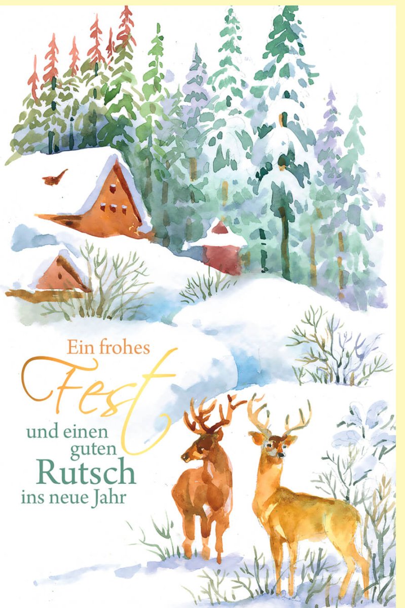 Weihnachts - & Neujahr Doppelkarte mit Winteridylle - Aquarell Hirsche im Schnee, Festliche Wald - Landschaft, Tannenbaum & Gemütlichkeit, Besinnlicher Weihnachtsgruß