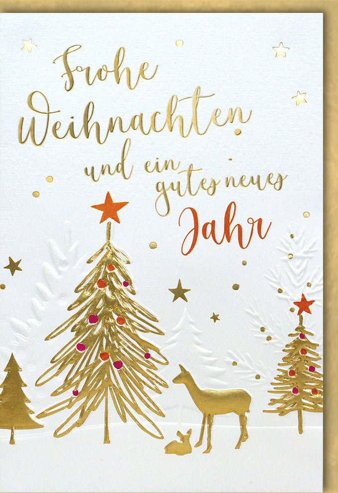 Weihnachts - & Neujahrskarte - Festliche Doppelkarte mit Glitzer Reh, Tannenbaum Motiv, Goldener Schrift, Elegant