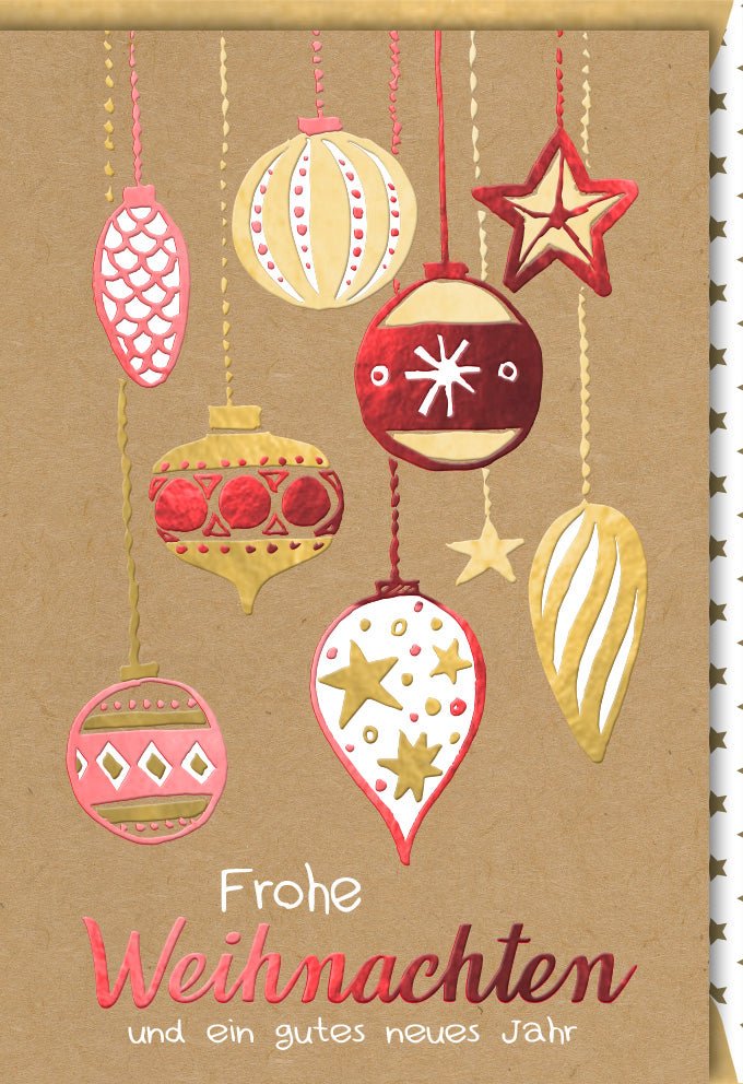 Weihnachts - & Neujahrskarte Handgemacht - Vintage Doppelkarte mit Gold Akzenten, Christbaumkugeln Motiv, Festliche Dekoration, Papier Textur, Frohe Weihnachten & Neujahrswünsche Grußkarte