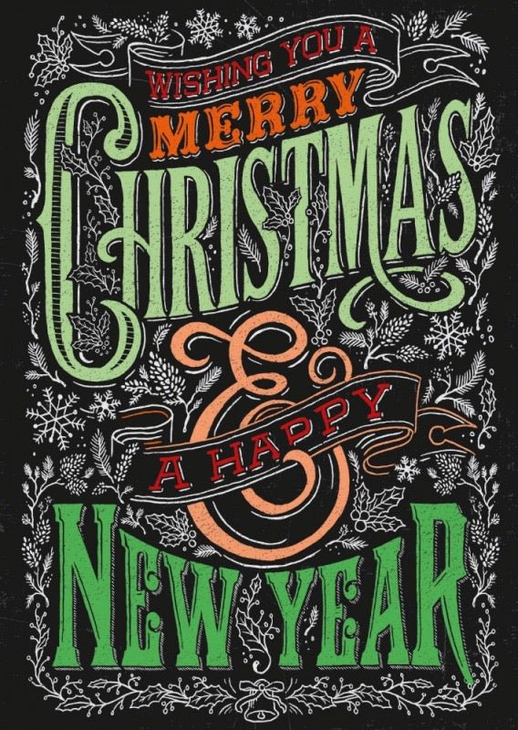 Weihnachts - & Neujahrskarte mit festlichem Schriftzug, Tannenzweigen & Beeren – Retro Vintage Look in Schwarz, Grün & Rot