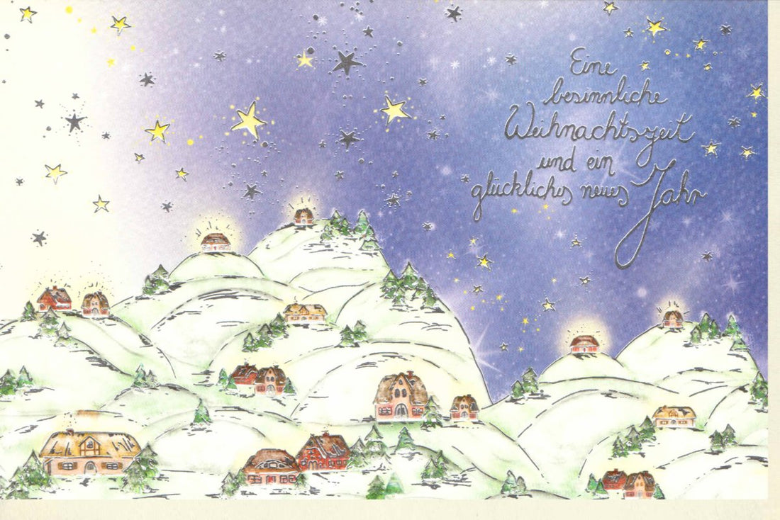 Weihnachts - & Neujahrskarte - Winterliche Doppelkarte mit Schnee, Sternen & Glitzer, Festtagsgrüße für Besinnlichkeit und Gemütlichkeit