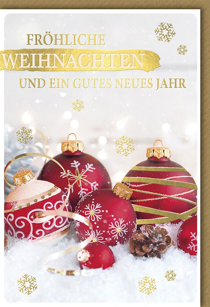 Weihnachts - & Neujahrswünsche Doppelkarte – Elegante Festtagsgrüße mit Schneeflocken, Christbaumkugeln & Goldakzenten – Wintermotiv für besinnliche Feiertage und herzliche Glückwünsche, 1 Stück