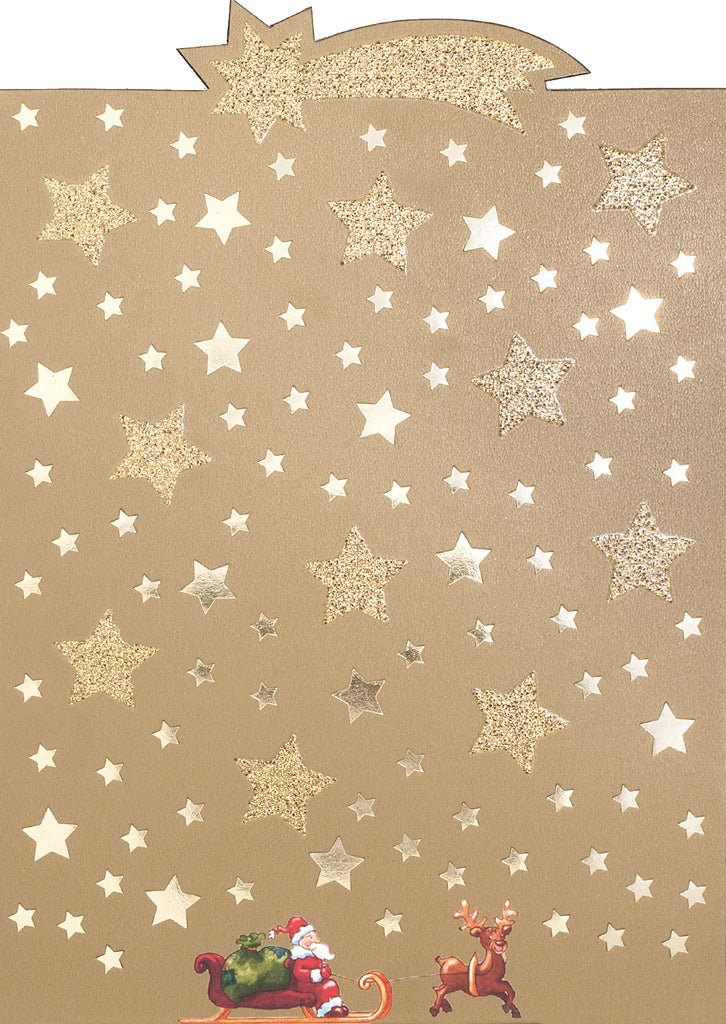 Weihnachts - Postkarte mit glitzerndem Komet, Rentierschlitten & Sternenhimmel – Festliche in Gold, Rot & Grün