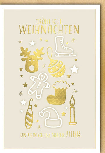 Weihnachts - und Neujahr Doppelkarte - Festliche Grüße mit Goldakzenten, Rentier, Schlittschuh, Lebkuchenmann, Kerze, Stern & Christbaumkugel Motiven - Eleganter Stiefel Design