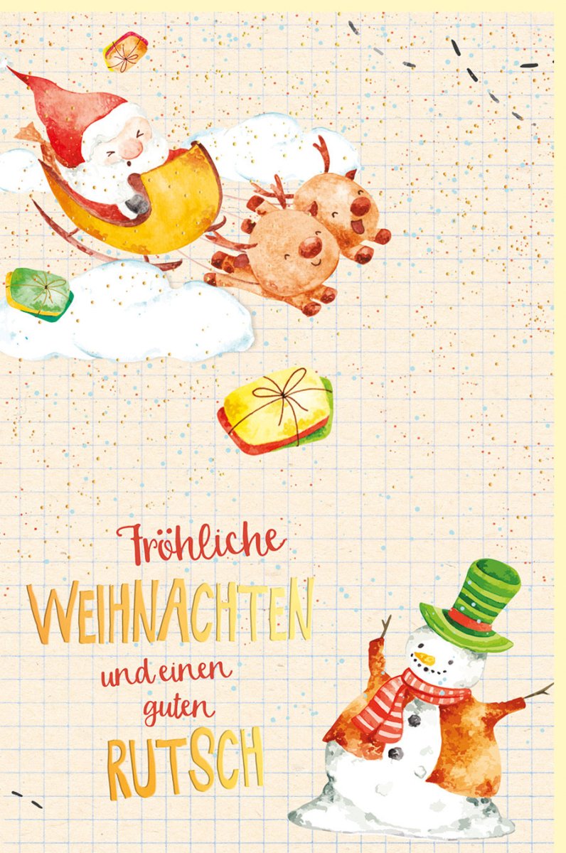 Weihnachts - und Neujahrs - Doppelkarte aus Zuckerrohrpapier - Fröhliche Weihnachten & Guten Rutsch, Rentier, Schneemann, Santa Claus Motive in Beige, Rot & Grün - Ideal für Familie & Freunde