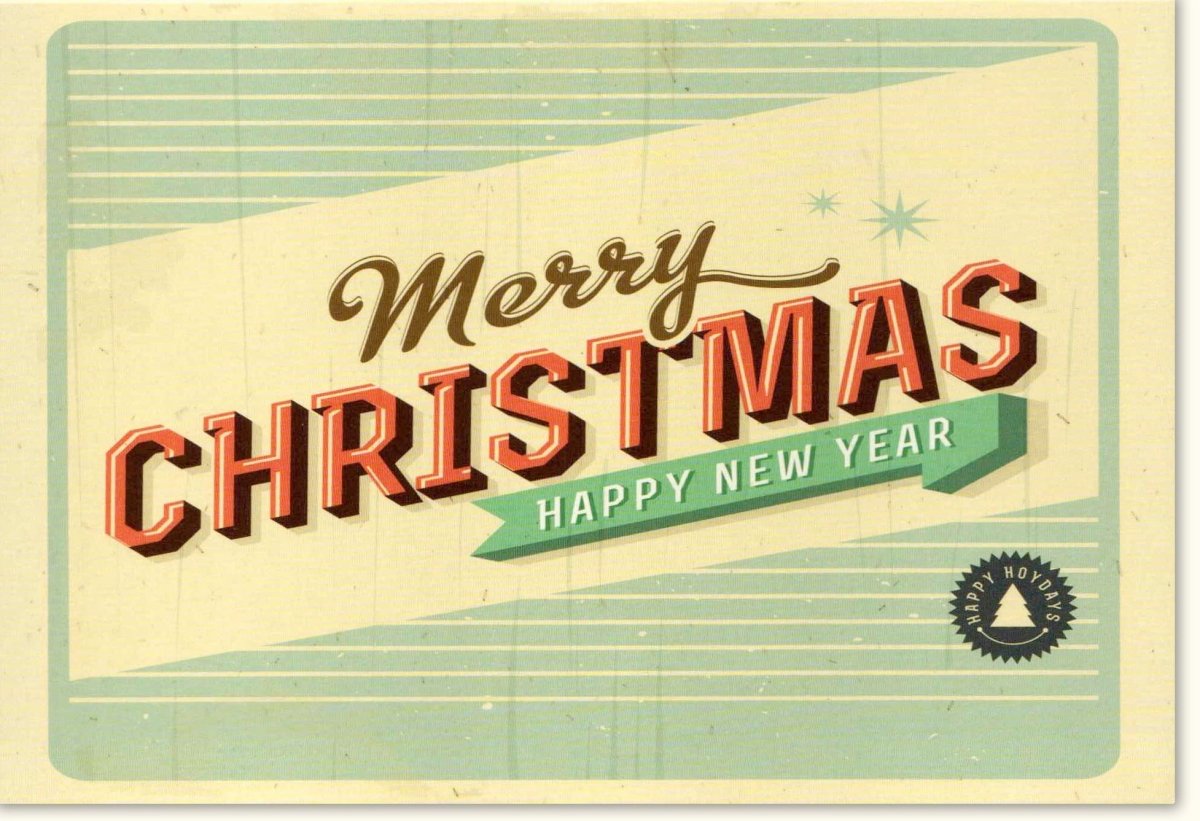 Weihnachts - und Neujahrs - Doppelkarte im Retro - Stil: "Merry Christmas & Happy New Year" - Vintage Grußkarte mit nostalgischem Schriftzug, festlichem Design für festliche Holiday Greetings