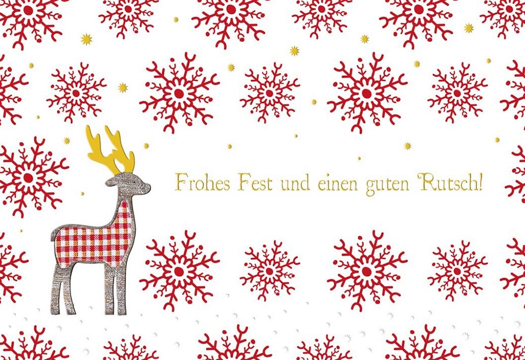 Weihnachts - und Neujahrs - Doppelkarte mit festlichem Rentier - Motiv, Schneeflocken & Frohes Fest - Schriftzug in Rot und Gold, Winterliche Grußkarte für Feiertagsdekoration und Weihnachtsgrüße
