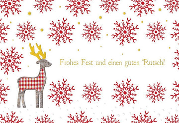Weihnachts - und Neujahrs - Doppelkarte mit festlichem Rentier - Motiv, Schneeflocken & Frohes Fest - Schriftzug in Rot und Gold, Winterliche Grußkarte für Feiertagsdekoration und Weihnachtsgrüße