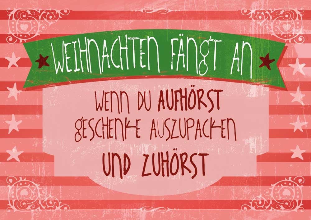 Weihnachtsgruß Postkarte mit Vintage - Spruch - Rotes Band & Grüne Sterne, Retro Schrift für Familie und Freunde