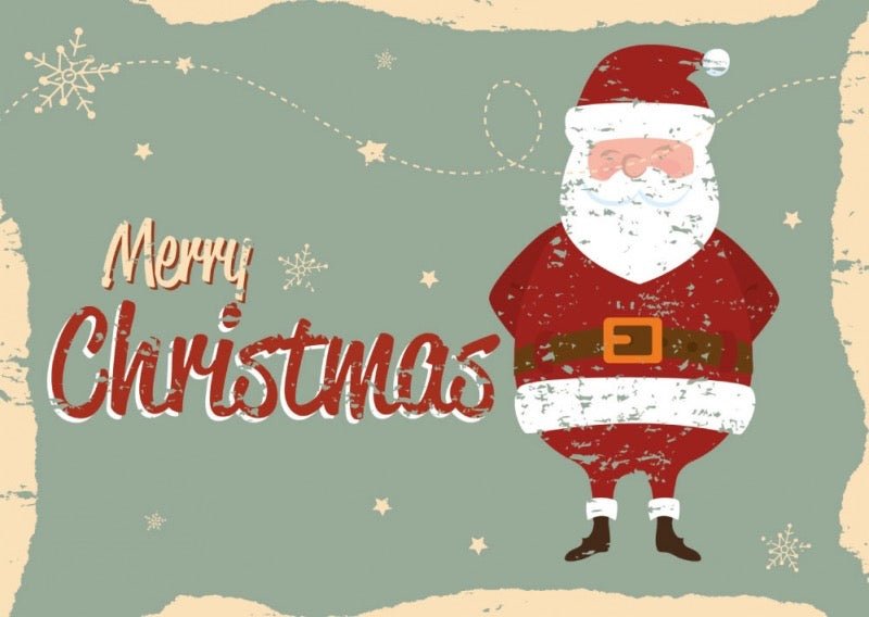 Weihnachtsgruß Postkarte mit Vintage Weihnachtsmann, Grüne & Rote Schneeflocken – Festliche Grüße