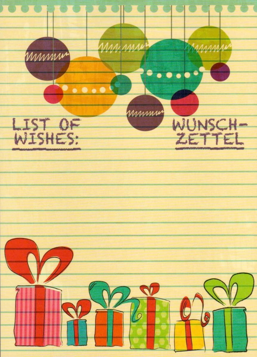Weihnachtsgruß Postkarte mit Wunschzettel - Design, Retro Christbaumkugeln & Linienpapier - Look, Farbenfrohe Festtagsdeko