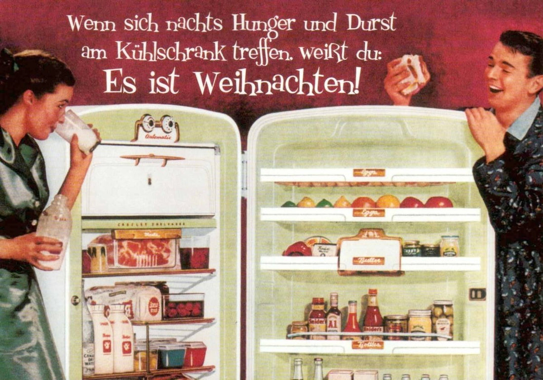 Weihnachtsgruß Postkarte - Retro Kühlschrank Humor, Lustige Vintage Feiertagskarte für Familie, Essen & Trinken Motiv